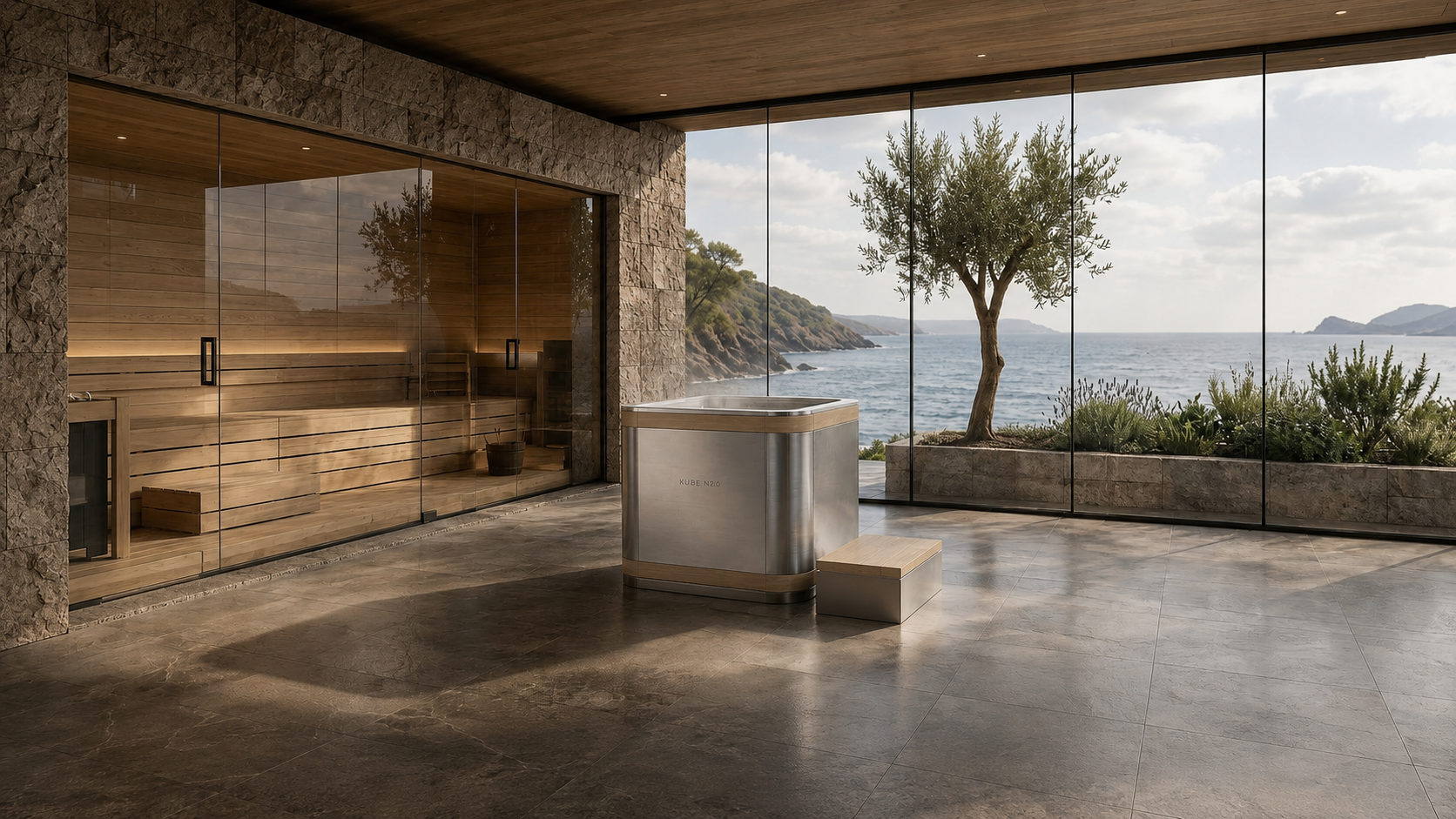 KUBE N • 20 in a refined coastal interior beside a sauna, framed by sea and olive tree beyond