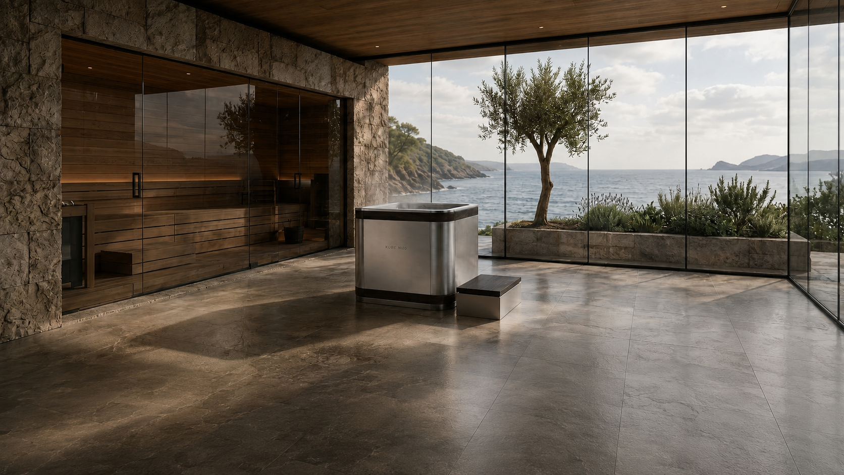 KUBE N • 20 in a refined coastal interior beside a sauna, framed by sea and olive tree beyond