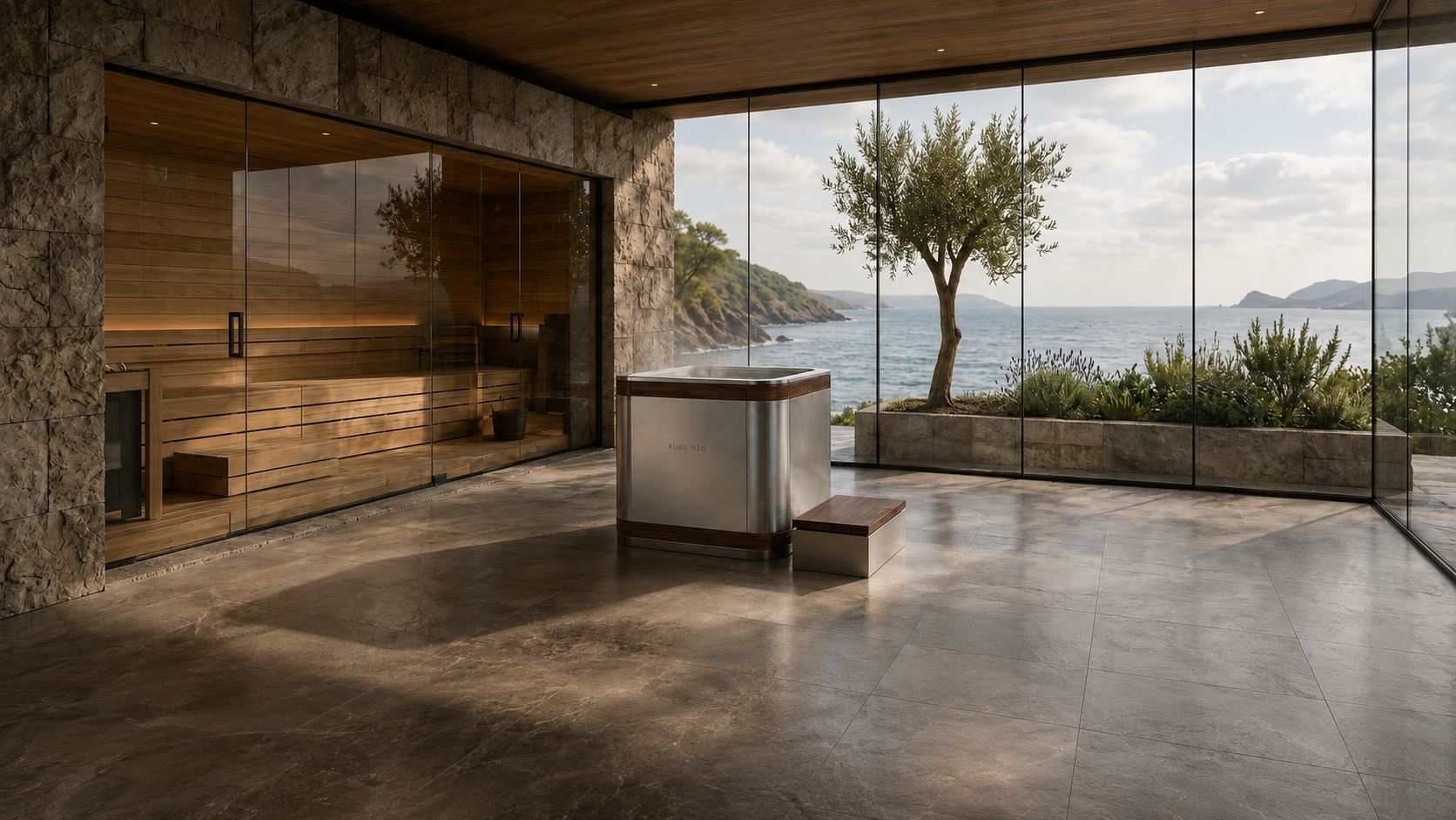 KUBE N • 20 in a refined coastal interior beside a sauna, framed by sea and olive tree beyond